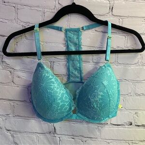 Victoria's Secret Womens Sexy Tee T-Back Lace Push-Up Bra Teal Blue Lace Sz 34DD